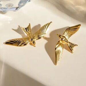 Vintage Swallow Wings 18K Gold Stainless Steel Earrings - Unique Statement Studs